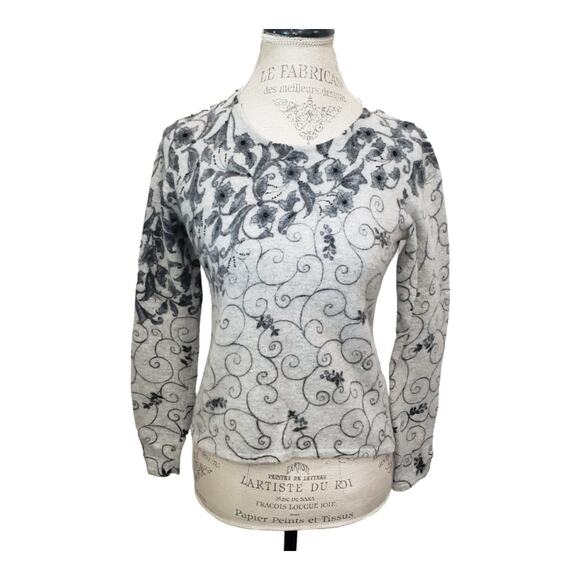 Sarah Spencer Gray Floral Print Lambswool & Angora Rabbit Hair Blend Sweater - Picture 1 of 6